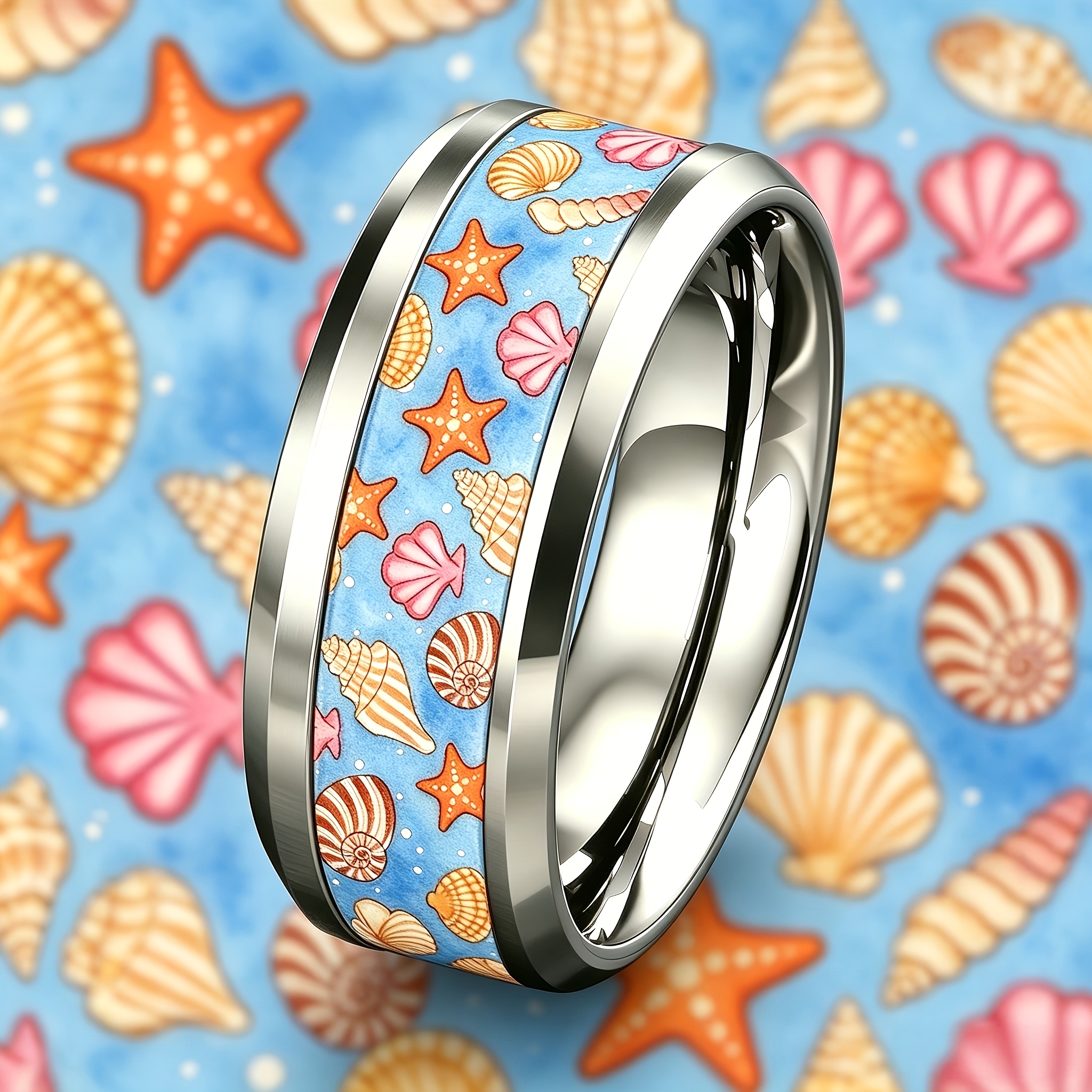 Women's Light Blue Starfish Seashell Ring, 304 Stainless Steel